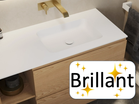Plan vasque lavabo, sur mesure, Largeur 70 à 200 cm x Profondeur 40 à 80 cm, résine composite de haute qualité, Finition lisse blanc BRILLANT laqué ou mate, Livraison Offerte.